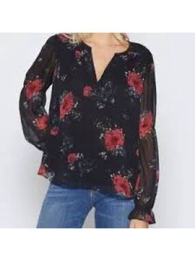Joie Black Silk Anjanette Long Sleeve Top with Red Floral Detail